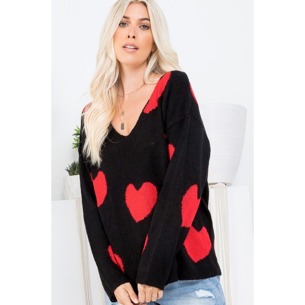 Black Red Multi Heart Knit V-Neck Valentines Day Long Sleeve Relaxed Sweater - Picture 4 of 10